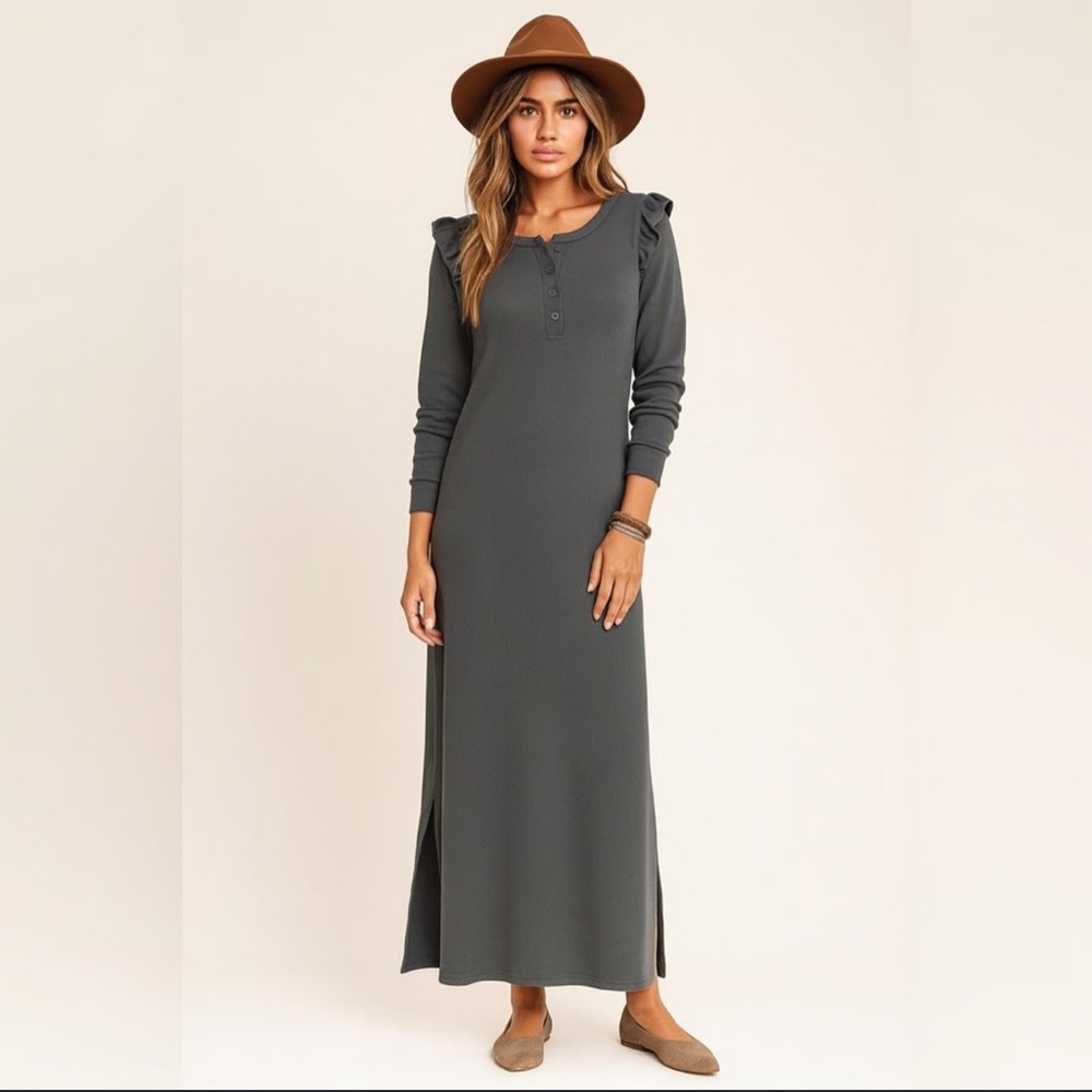 Revolve Z Supply Charcoal Maxi Dress Ruffle Long Sleeve Minimalist Casual NWT - Picture 1 of 7